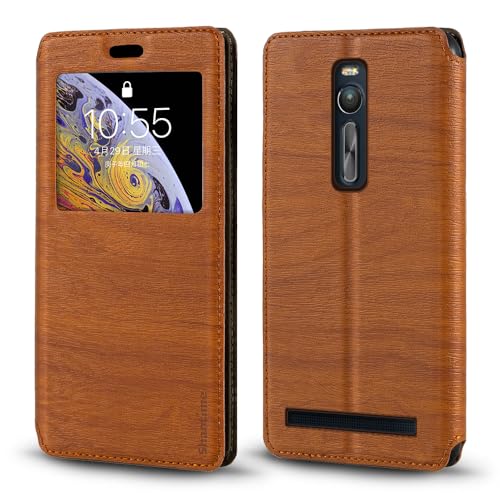 Shantime Sichtfenster-Lederhülle Kompatibel mit Asus ZenFone 2 Deluxe, Elegantes Design mit Klarsichtanzeige, Unsichtbarem Magnetverschluss & Kartenfach(Braun)