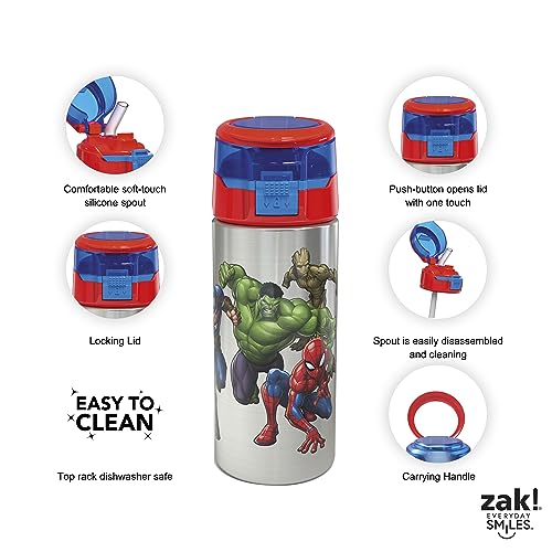 Zak Designs A garrafa de água de aço inoxidável durável da Marvel Comics com botão de pressão e tamp