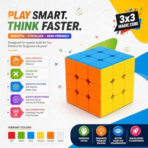 Image of D-fix 3x3 Sticker Less | Beginner Speed Cube for Kids Boys Girls Above 3 4 5 6 Years Old & Above | Magic Puzzle Toy | Durable & Smooth Cube with Anti-Pop Design