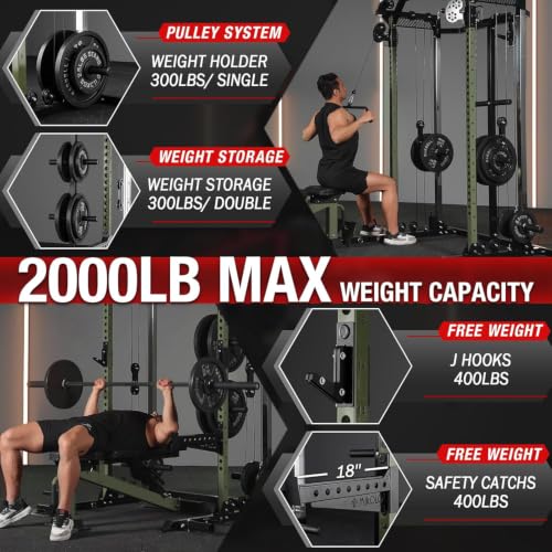 Image of Mikolo HR06 Power Cage with Aluminum Pulleys, 2000LB Power Rack with Independent Dual Pulley System, Multi-Function Home Gym Workout Machine for Cable Crossover