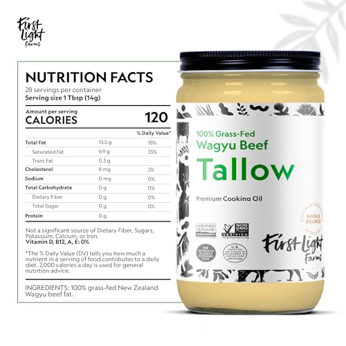 First Light Farms Wagyu Beef Tallow | 100% Grass-Fed & Finished, 14oz Glass Jar | Healthy Cooking Oil, Gluten-Free & Dairy-Free, Perfect for Keto, Whole30, and Carvinore Diet - Thumbnail 2