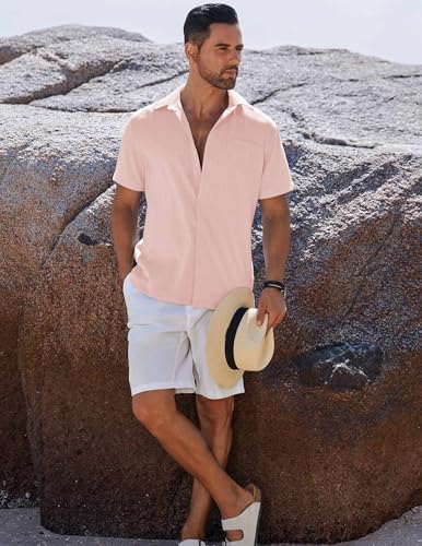 Image of COOFANDY Men's Button Down Shirts Short Sleeve Casual Shirts Summer Beach Linen Shirts with Pocket