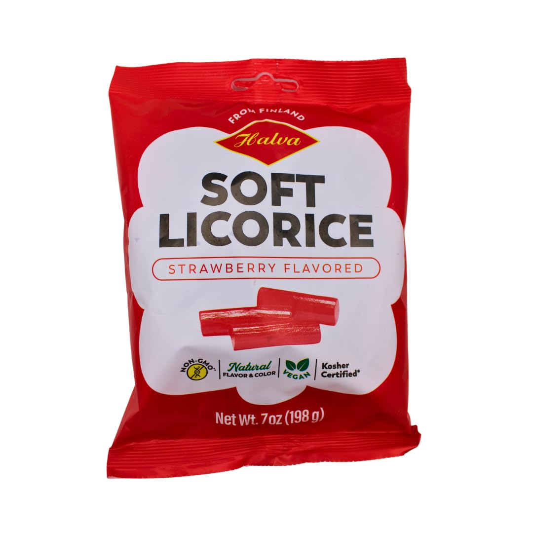 HALVA Soft Strawberry Licorice Candy - 1 x 7oz Bag - Authentic Finnish Licorice - Made with All Natural Ingredients -Soft & Chewy, Soothing To The Palate, Original Flavor with Long-lasting Taste, NON-GMO, Vegan, Kosher