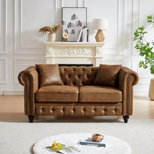Image of Modern Chesterfield Sofa Couch, 63.5-inch Faux Leather Loveseat Sofa with Rolled Armrests and Tufted Button for Living Room, Office, Brown