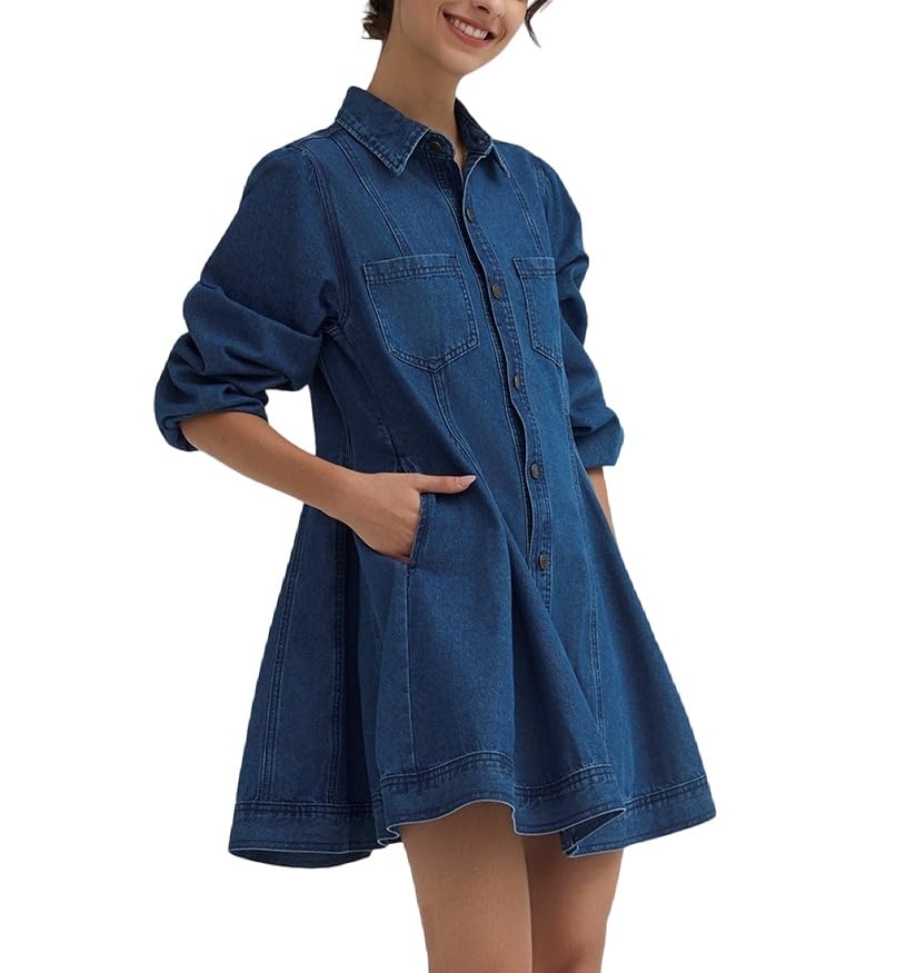 D-Sun Women's Long Sleeve Denim Dress Button Down Collar Casual A Line Swing Ruffle Jean Mini Dresses