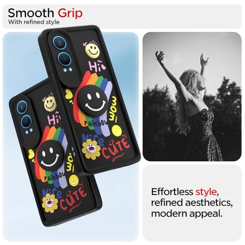 Image of Pikkme Back Cover for OnePlus Nord Ce 4 Lite 5G | Soft Silicone| Cute Rainbow Smile & 3D Cartoon Flower Design | Shockproof Raised Camera Protection Bumper Case (Black)