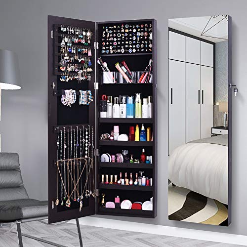 AOOU Jewelry Organizer Jewelry Cabinet,Full Screen Display View Larger Mirror, Full Length Mirror,Large Capacity Dressing Mirror Makeup Jewelry Armoire,Brown