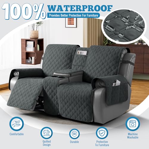Image of TAOCOCO 100% Waterproof Recliner Loveseat Cover with Console, Reversible Reclining Couch Cover for 2 Seats with Leg Straps, Washable Split Sofa Cover Protector for Pets Kids (Dark Gray)