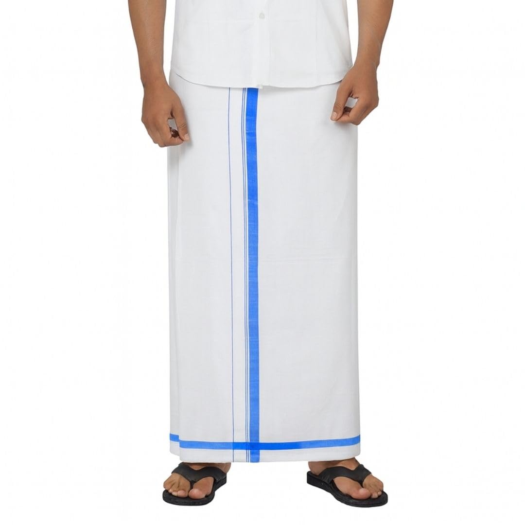 100% Pure Cotton Dhoti for Men | White Traditional Veshti with Blue & Ash Border | Unstitched 2.25 Meter Mundu for Temple, Wedding & Ritual Wear | Pack of 2 100% Pure Cotton Dhoti for Men | White Traditional Veshti with Blue & Ash Border | Unstitched 2.25 Meter Mundu for Temple, Wedding & Ritual Wear | Pack of 2