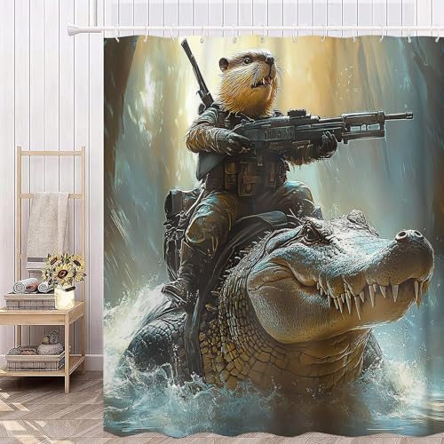 Image of Funny Shower Curtain, Cool Capybara Riding Crocodile Wild Animal Fabric Bathroom Accessories Decor Curtain, Fun Shower Curtains for Bathroom, with Hooks 72x72 Inch