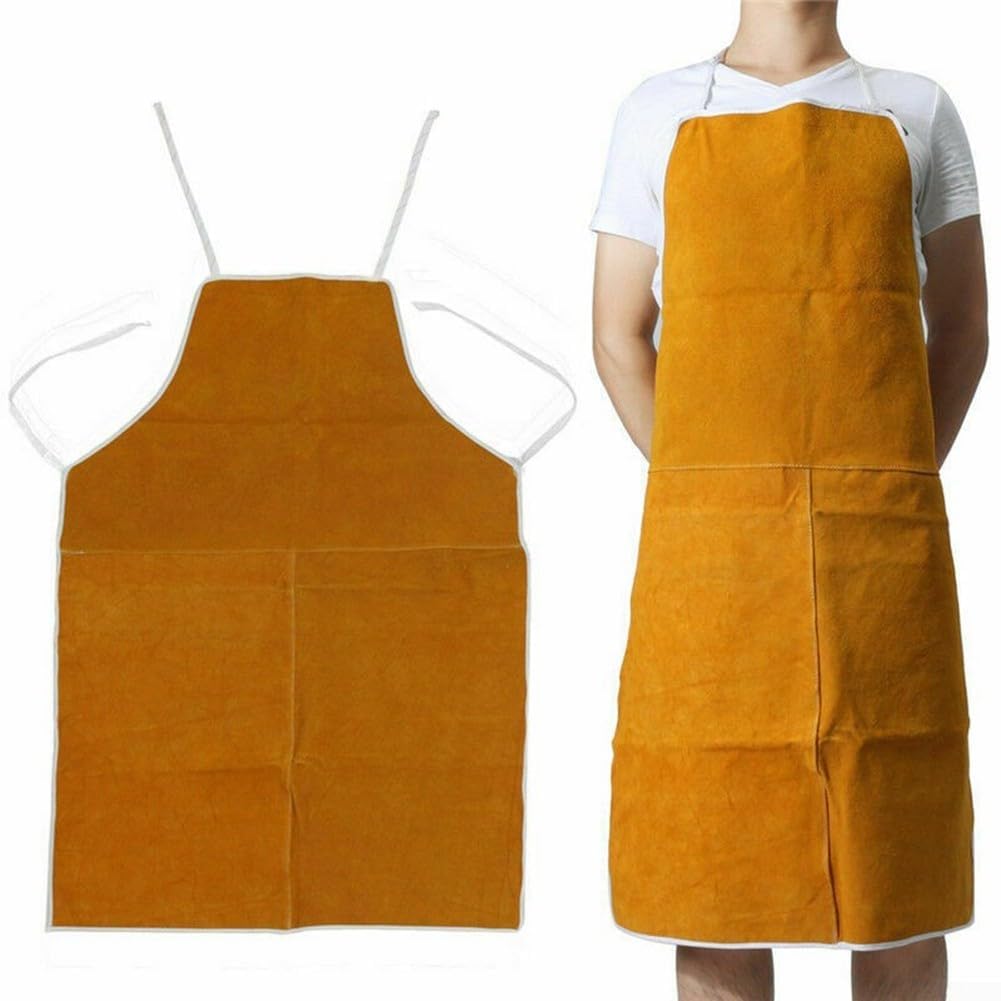 Delantal de Cuero para Soldadura, Delantal de Soldador de Piel de Vacuno Amarillo, 65 x 95 cm, con Correas Ajustables for Cuello y Cintura.