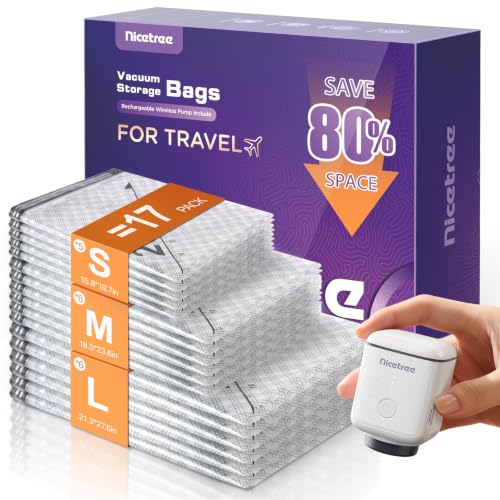 Image of Nicetree 17-Pack Vacuum Storage Bags for Travel with Rechargeable Pump | Compression Bags for Suitcases, Carry-On Luggage & Clothing Storage, Space Saver Bags in 3 Sizes