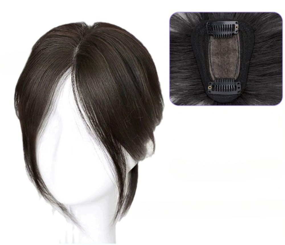 9.8 Inch Middle Part with Bangs Human Hair Clip In Topper Hairpiece for Women Add Hair Volume Cover White Hair Grey Hair (Dark Brown,Swiss Net T-Type)