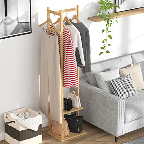 Coat Rack Garderobenständer Bambus, Freistehender Kleiderständer, Garderobe In Baumform, Mit 10 Haken Und 3 Ablgen Garderobenständer Holz