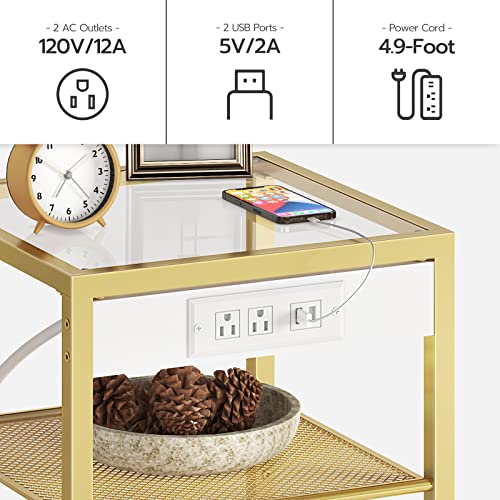 Hoobro Side Table With Charging Station, 3-Tier Slim Nightstand With Storage Shelves, End Table With Usb Ports & Power Outlets, Tempered Glass, Modern Style, For Living Room, Bedroom, Gold Gd77Ubz01 #TOP4