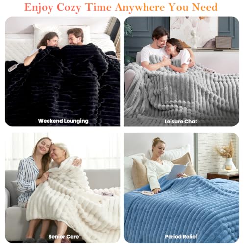Manta eléctrica Cozy Bliss de piel sintética rayada 50"x60", calentamiento rápido, 8 niveles de calor y 8 configuraciones de temporizador con apagado automático, protección contra sobrecalentamiento, certificada ETL, lavable a máquina, crema blanca miniatura 6