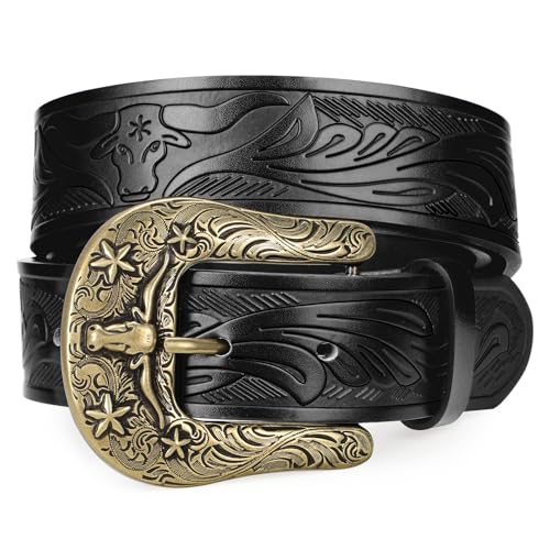 SANSTHS Western Belts for Men Women, Adjustable Mens Cowboy Country Belt for Pants Jeans with Vintage Engraved Leather