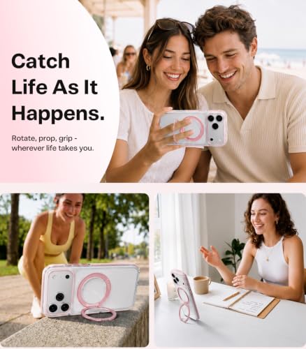 Image of TORRAS 360 Magnetic Stand for iPhone 17 Pro Case, Ultra Clear, Rosy Pink | Fit for MagSafe, 4X Military-Grade Protection, Anti-Yellow, Camera Button, Slim Non-Slip, For Women 6.3 inch, O3 Light Series