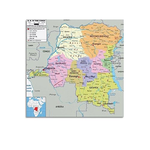 BITTU Carte de la République démocratique du Congo avec noms - Peinture décorative sur toile - Décoration murale et artistique pour chambre à coucher - 50 x 50 cm