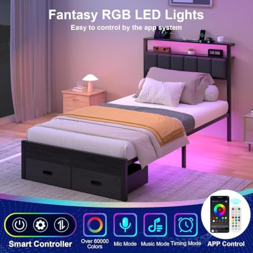 Image of Twin Bed Frames with Storage Drawer, Platform Bed with Charging Station and LED Lights, Upholstered Headboard with 2-Tier Storage Shelves, No Box Spring Needed