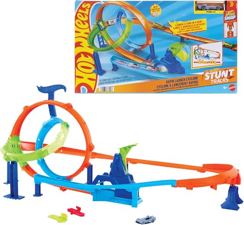 Image of Hot Wheels Toy Car Track Set, Stunt Tracks Rapid Cyclone Playset with 1:64 Scale Die-Cast Vehicle, 2 Loops & 2 Crash Zones, Speed Snap Track