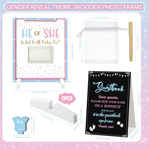 Image of Beeveer 65 Pcs Gender Reveal Baby Shower Guest Book Alternatives He or She Gender Reveal Decorations Sign in Guest Book with Picture Frame and 60 Wooden Chip for Baby Shower He or She Party Keepsake