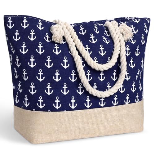Zusentee Bolsa de Playa,Bolso de Playa Grande para Mujer,Bolso Playa Grande XXL Familiar,Bolso de Playa Grande Impermeable Bolsas de Mujer Esenciales para Vacaciones, Ancla azul militar
