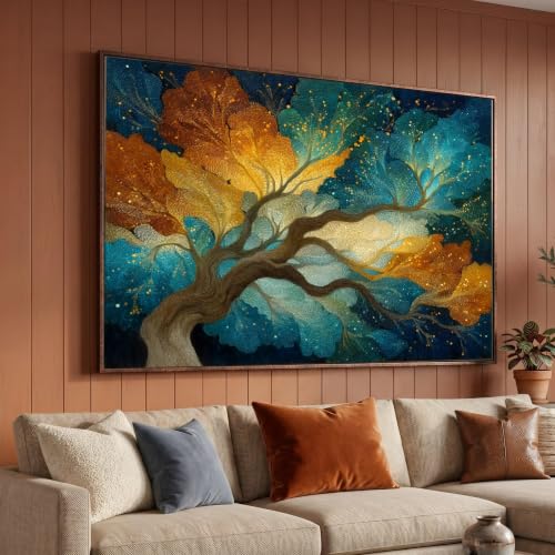 TONGYINLI Lienzos con estampados abstractos de árboles, arte mural de hojas de otoño, decoración de la naturaleza, pintura azul y naranja, diseño artístico para sala de estar (70x110cm/marco interno)
