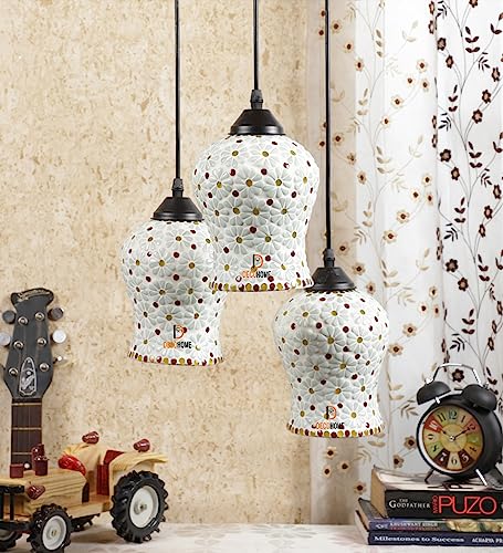 Image of DECOHOME Morrocan Hanging Mosaic Lights Glass Pendant Lamps Set of 3 | Vintage Bohemian Ceiling Hanging Ceramic Colorful Lights for Living Room, Bedroom, Balcony & Cafe | Warm Ambient (Yellow-Red)
