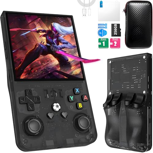 R36MAX Retro Handheld Game Console,Game Console with 256GB TF Card, 40000+ Classic Games,Game Console 4.0" IPS HD Screen 4000mAh Rechargeable Portable Video Console Pocket Arcade-Transparent Black