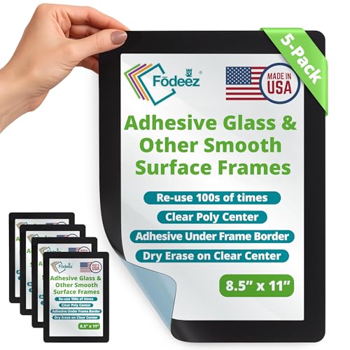 Fodeez 8.5x11 Self Adhesive Peel & Stick Document Holder for Glass & Smooth Surfaces - Reusable Protector & Holder for Sign Photo & Menu Dry Erase Non Magnetic & Non Acryclic - Black Pack of 5