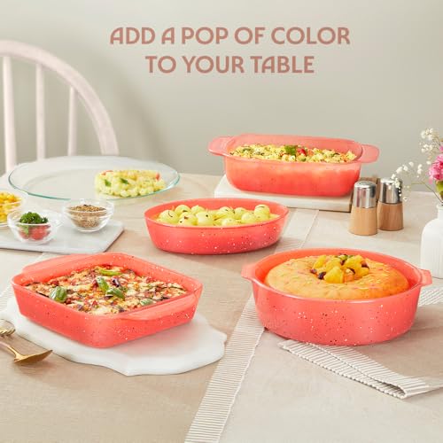 Image of Borosil 700 ml Baking & Serving Oval Shape Dish | Borosilicate Glass Bakeware and Serveware Tray | Microwave, Oven & Dishwasher Safe Bowl | Transparent Container (Kube Pink)
