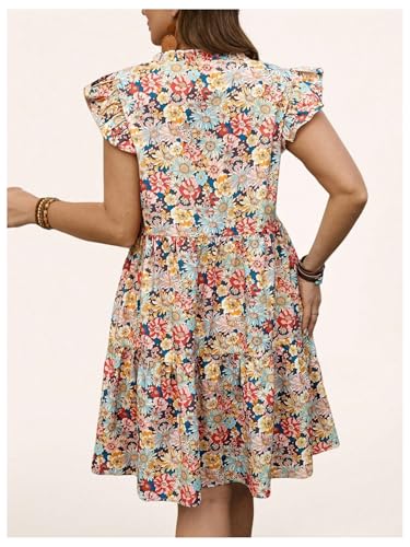 Image of Floerns Women's Plus Size Striped Tie Neck Dress Ruffle Cap Sleeve Short Tiered Dresses