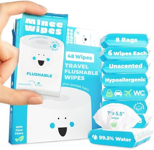 Impossibly Compact Travel Flushable Wipes - 99.5% Water and Aloe - Safe for Sensitive Skin & Hypoallergenic - Travel Essentials for Adults & Kids, Unscented, 8 Pack 48 Wipes