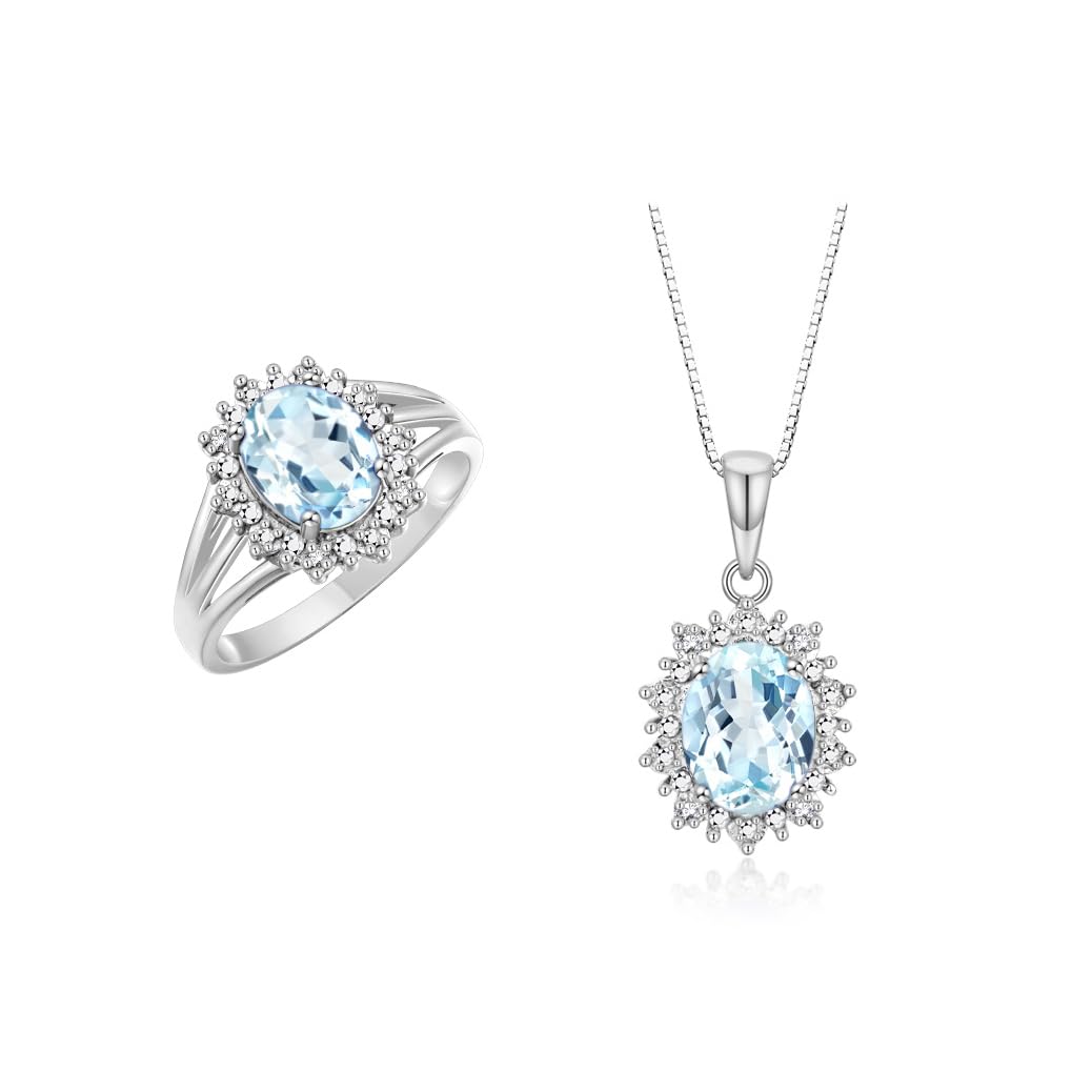 Rylos Women's Sterling Silver Princess Diana Ring &amp; Pendant Set. Gemstone &amp; Diamonds, 9X7MM Birthstone. Matching Friendship Jewelry, Sizes 5-10.
