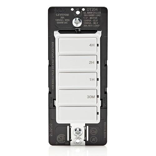 Leviton Interruptor de cuenta regresiva DT204-1LW para luces, ático, calentadores, bombas de piscina, 30 minutos, 1-2-4 horas, requiere cable