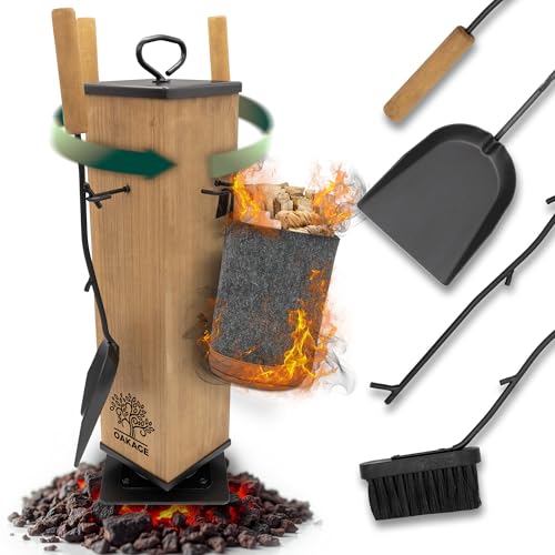 OAKAGE Kaminbesteck Modern [integrierer Holzkorb & drehbarem...