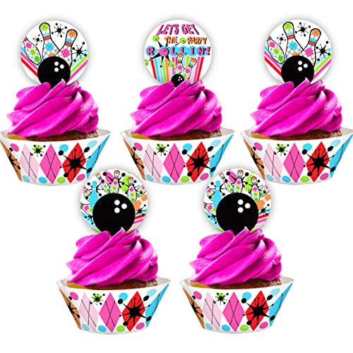 Bowling Cupcake Toppers and Cupcake Wrappers - 24 Cupcake Toppers and 24 Cupcake Wrappers - Bowling Party Supplies - Bowling Party Decorations - Retro Pink Cupcake