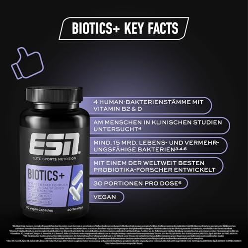 ESN Biotics+, 30 Kapseln, 450 Milliarden KBE je Packung, hochdosiert, mit Vitamin B2 + D, nur 1 Kapsel pro Tag, vegan