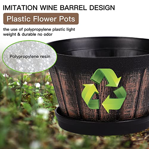 Quarut 6 inch Brown Barrel Planters with Drainage Holes & Saucer, Set of 4, Indoor & Outdoor Garden Home Plants - Thumbnail 5