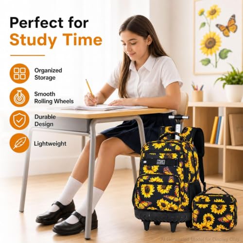 Image of 3Pcs Rolling Backpack for Girls, 19 Women Inche Roller Bag with Wheels, Sunflower Wheeled Bookbag Set for Adults(Yellow)