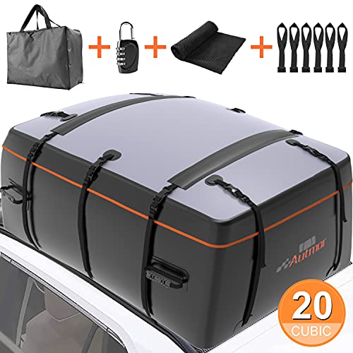 AUTMOR Rooftop Cargo Carrier, Cargo Carrier for Top of Vehicle, 20 Cubic Feet Roof Rack Cargo Carrier with Anti-Slip Mat, 10 Reinforced Straps and 6 Door Hooks Fits All Cars with/Without Rack(Black)