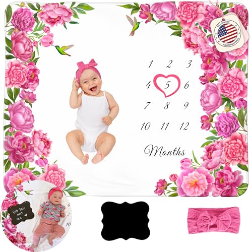 Image of KEMINA BLANKETS Floral Baby Milestone Blanket for Girls - Includes Headband, Frame, and Personalized Board, Monthly Milestone Blanket for Baby Girl, 50x40