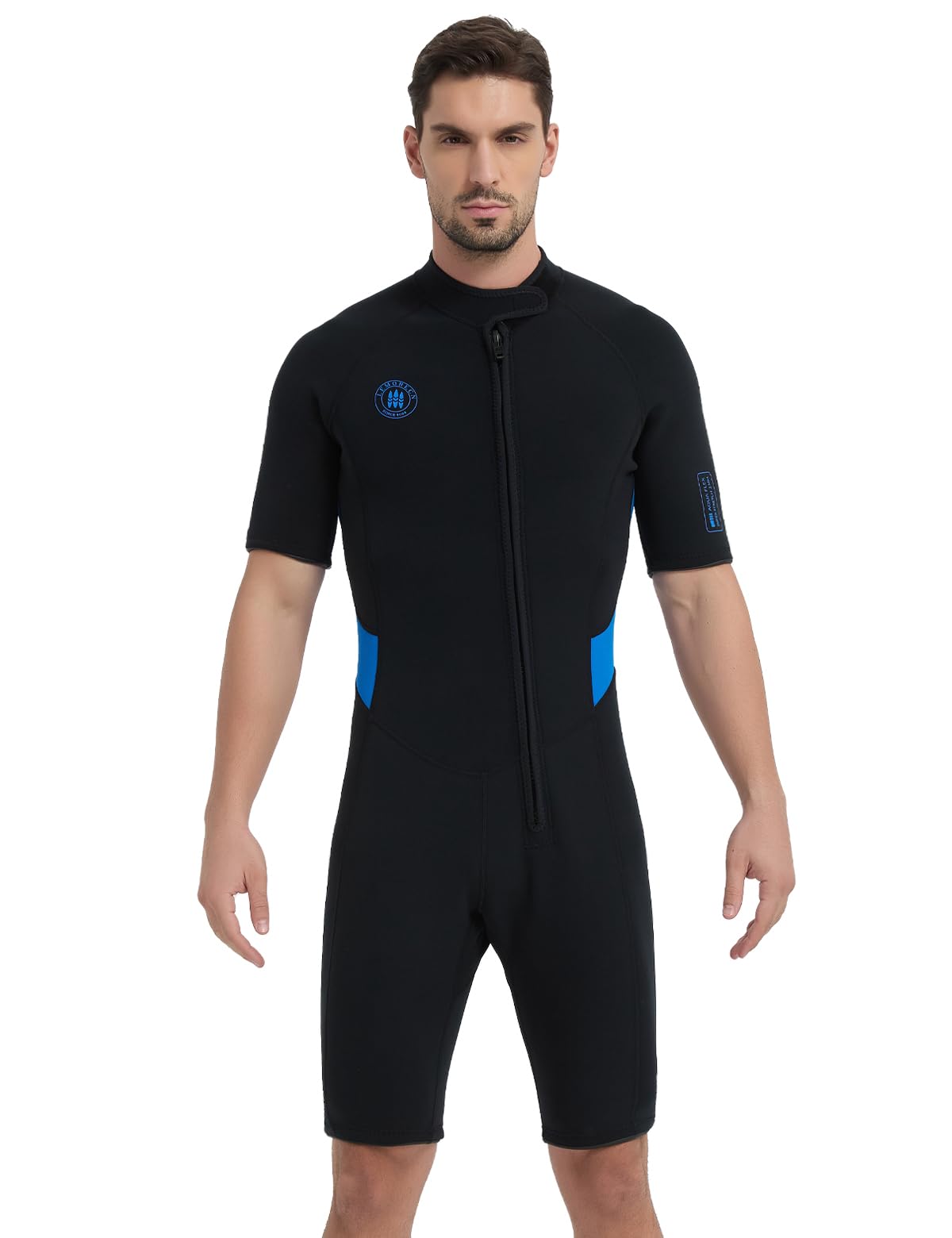 Lemorecn 2mm Shorty Wetsuit Men, Front Zip Wetsuits, Neoprene Thermal Swimsuit Diving Suit for Swimming Surfing Kayaking Snorkeling & Water Sports (UK0205-BLUE-XL)