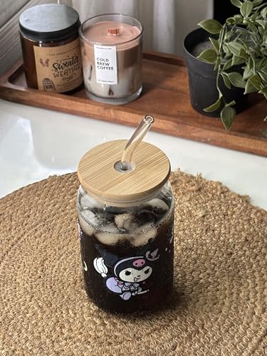 Image of THE UMBRELLA STORE Glass Tumbler Bamboo Lid and Straw, Coffee Tumbler, Reusable Glass (Kuromi)