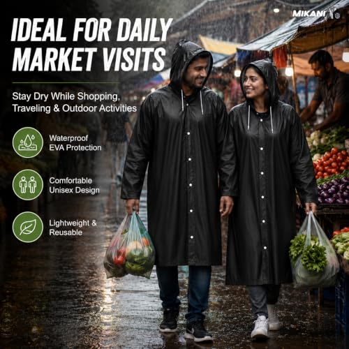 Image of MIKANIX Waterproof Hooded Raincoat for Men & Women | Full Length Reusable PVC Rain Wear | Lightweight Windproof Rain Jacket with Front Button Closure (Pack of 1)