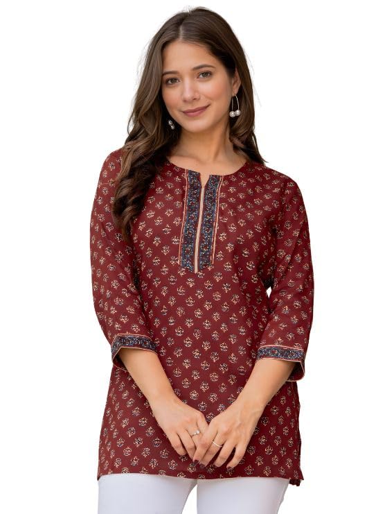 Rayon Short Kurti for Women | Floral Printed Boat Neck Short Kurti | Casual Everyday Wear 3/4th Sleeve Ethnic Top | Office or Collage Wear Maroon Kurti-image-30