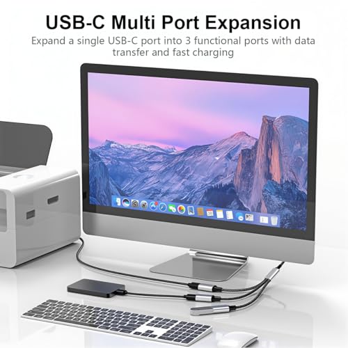 Image of Verilux PD 60W USB Splitter 1 in 3 Out, 3-in-1 Type C to A Cable with A Double Dual Port for Charging & 480Mbps Data Sync, Nylon Braided Type-C Hub with Aluminum Housing for iPhone 17 /16 /15, Laptop