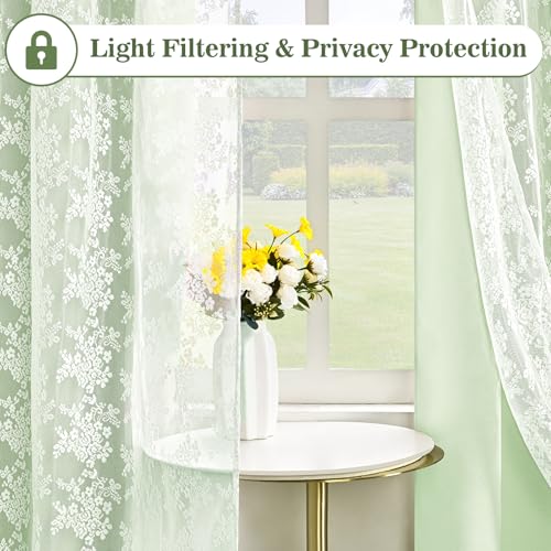Image of Yinhua Double Layer Blackout Curtains for Bedroom Green Curtains for Living Room 63 Inch Length 2 Panels Set Kid Curtain with Tiebacks, Grommet Drapes with Floral Sheer Overlay, 52 inch W x 63 inch L