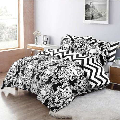 MK Home Textile Reversible Cotton Duvet Cover Set, Black Skull & White Stripe Quilt Covers with Pillow Cases, Double, King - Image 2